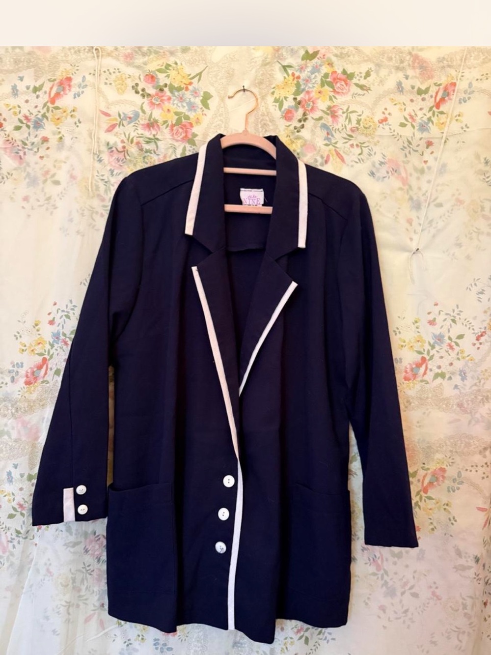 Vintage Navy Nautical Women's Blazer with White Trim and Buttons